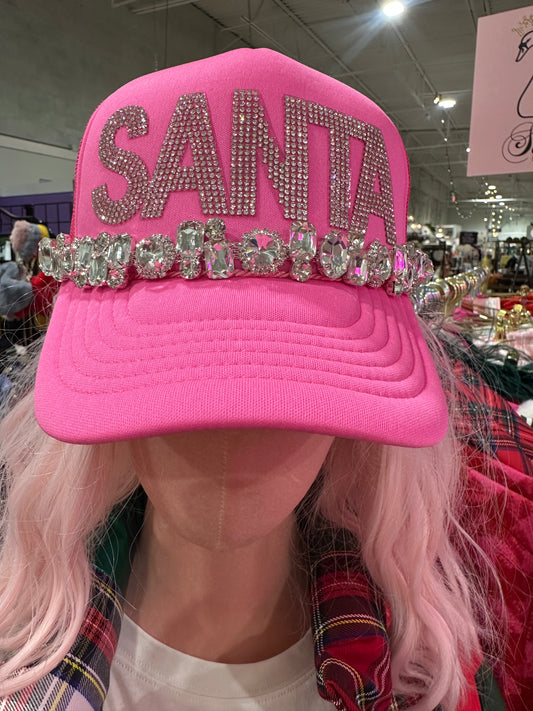 Rhinestone SANTA Trucker Christmas Hat- Neon Pink Foam