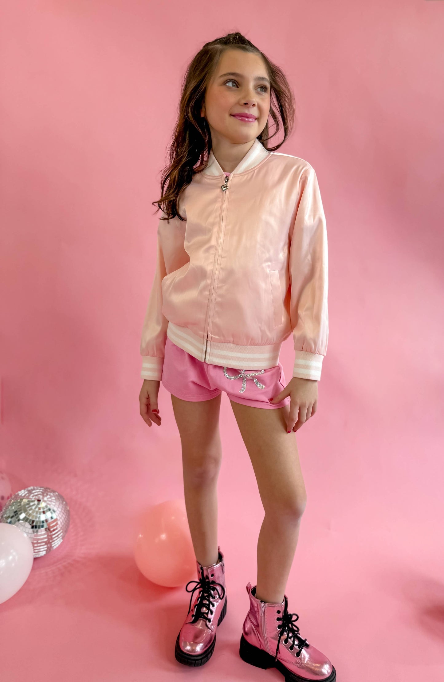 Girls Rhinestone Ballet Satin Bomber Jacket