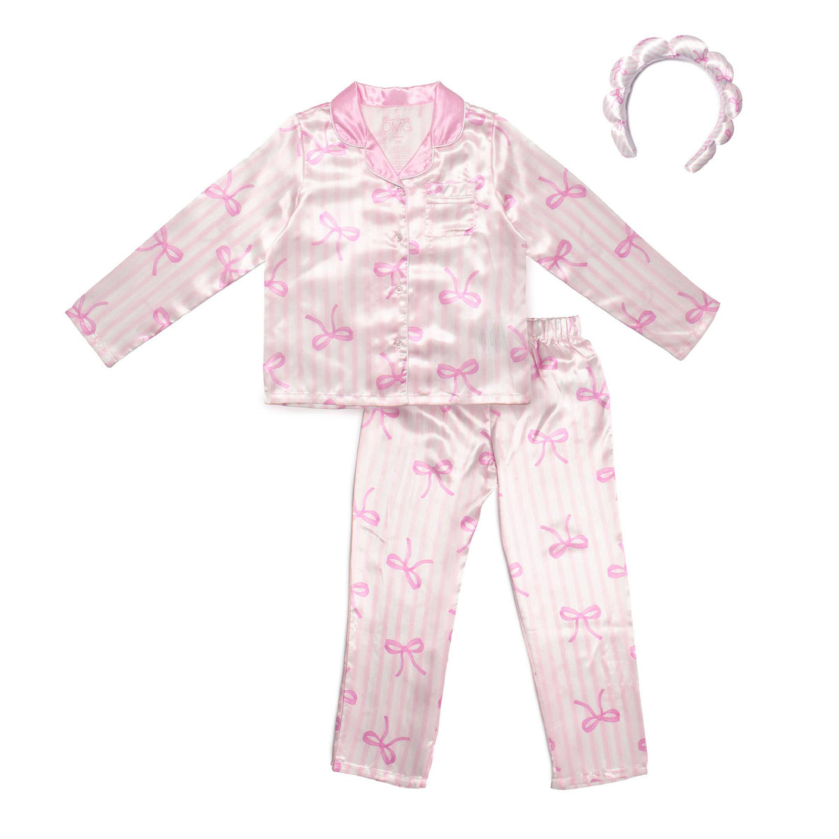 Girls- Striped Bow Satin Pajama Set w/ Headband
