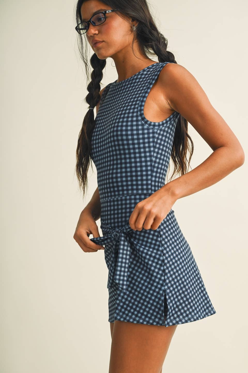 Sleeveless Wrap Tie Front Dress-Dusty Blue Navy Gingham