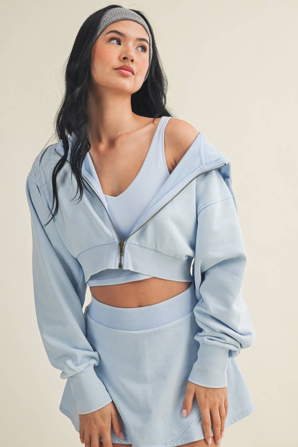 Mineral Wash Oversized Crop Hoodie- Blue