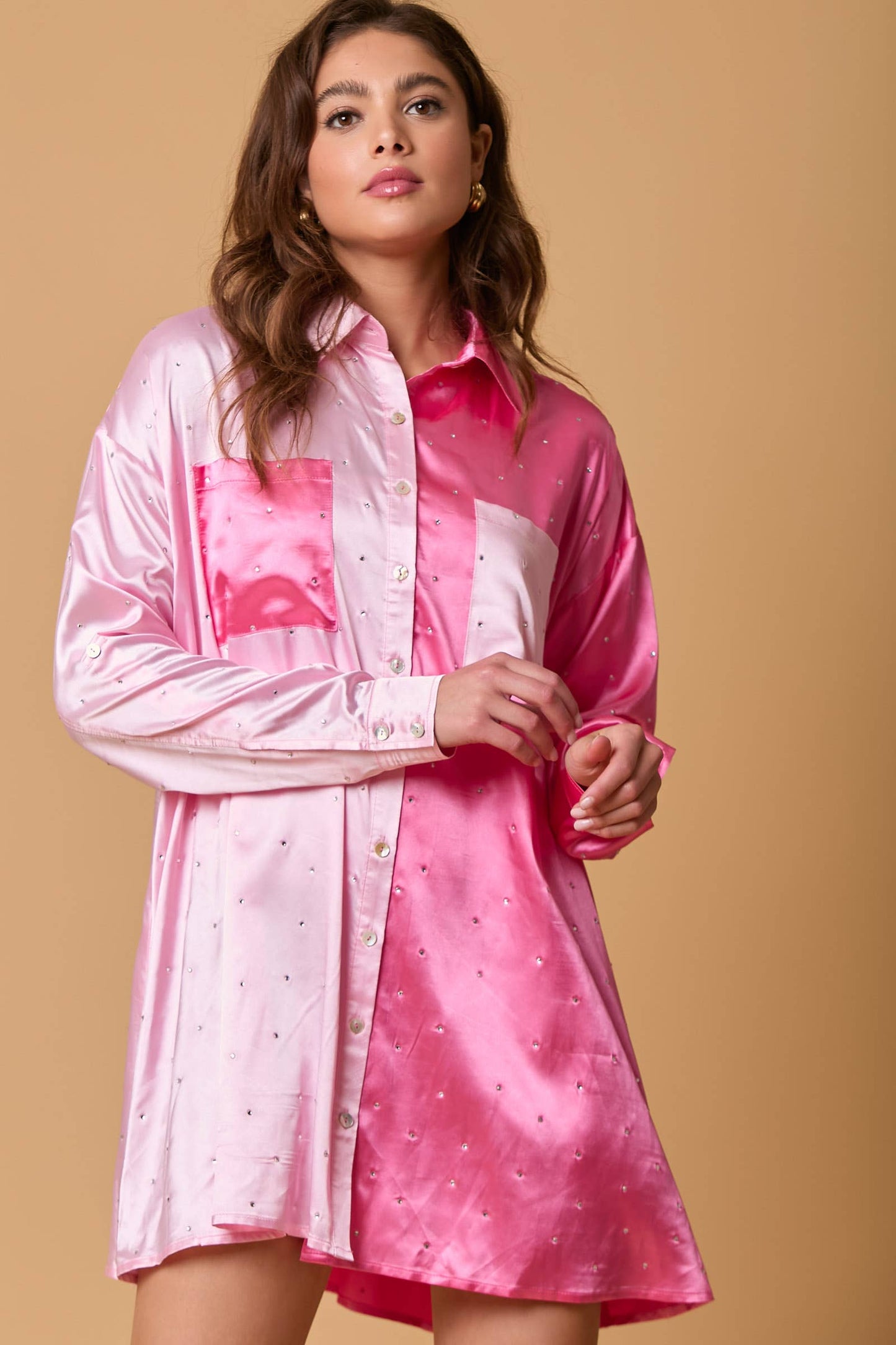 Blake Embellished Shirt Dress- Pink