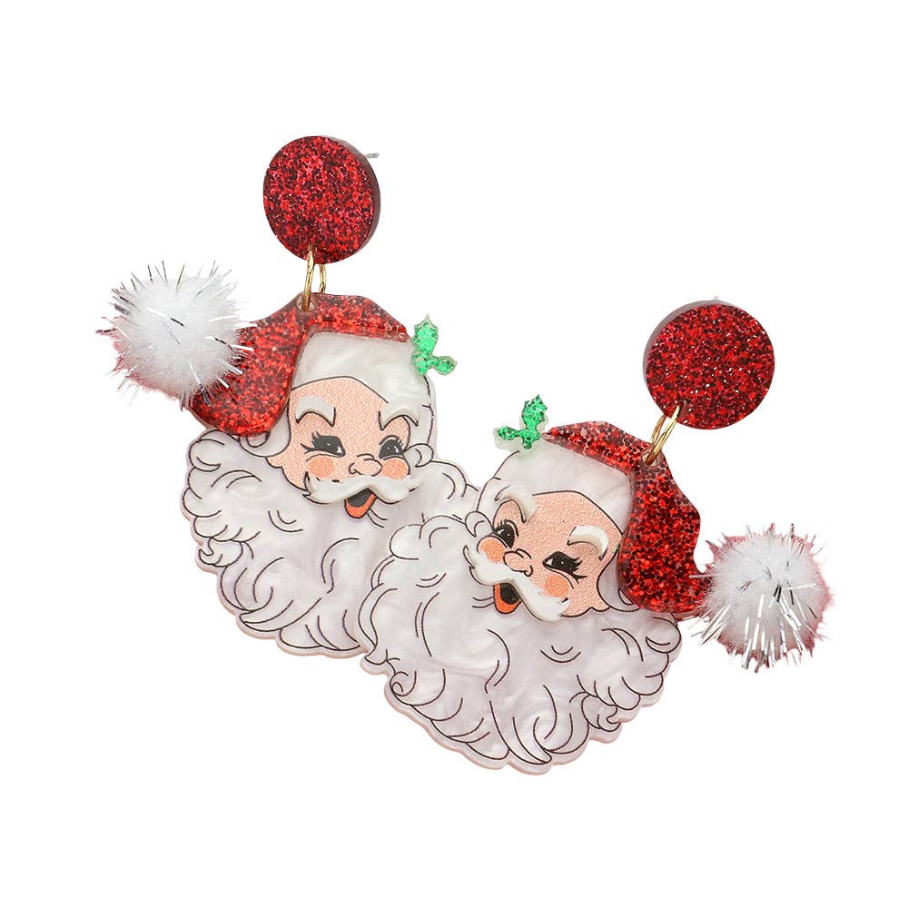 Glitter Resin Pom Santa Dangle Earrings: Red