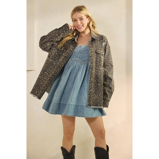 Rhinestone Leopard Denim Jacket