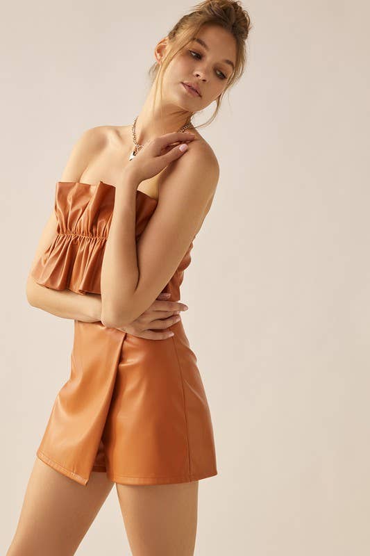 Mia Pleather Romper- Burnt Orange