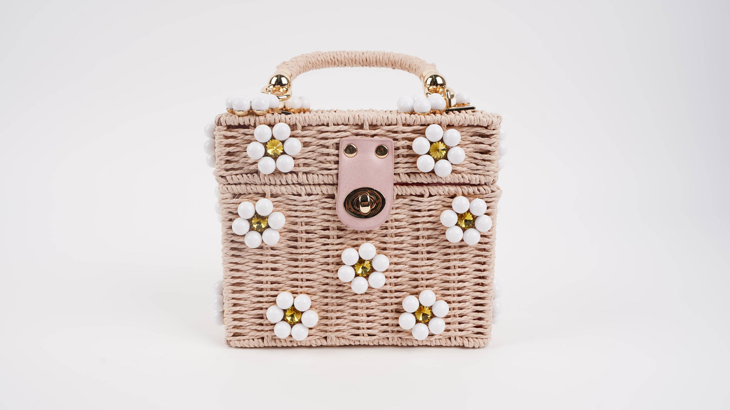 Wicker Bucket Daisy Flower Purse: Pink + White Daisy / Large