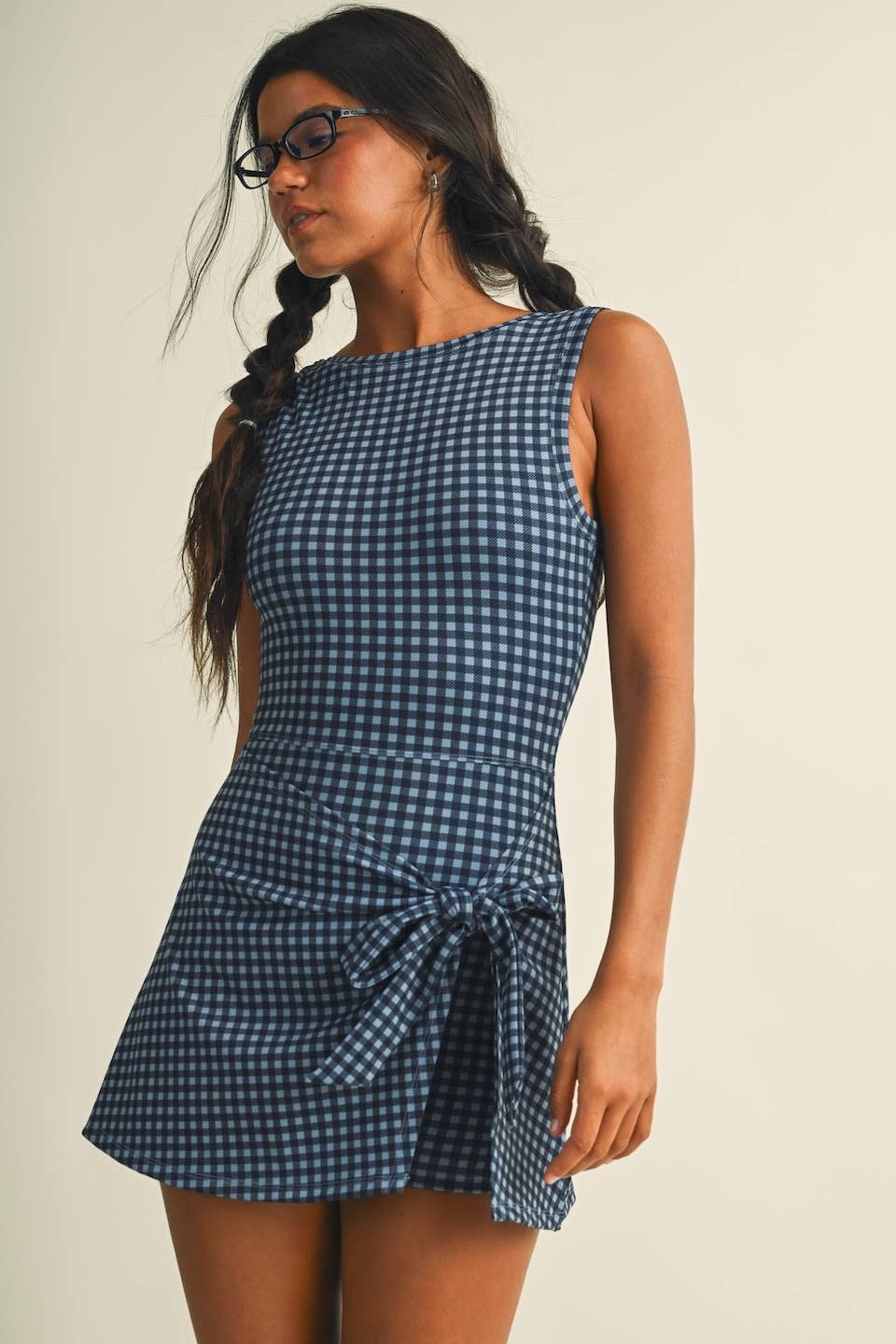 Sleeveless Wrap Tie Front Dress-Dusty Blue Navy Gingham