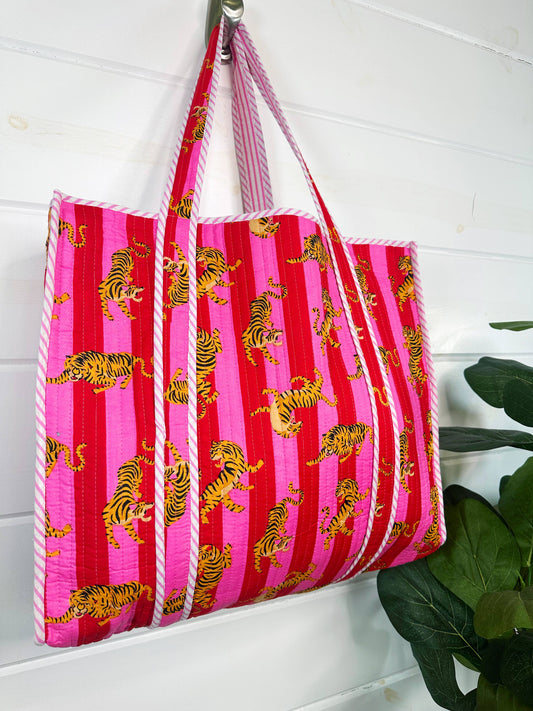 Quilted Tote Bag- Red/Pink Tiger