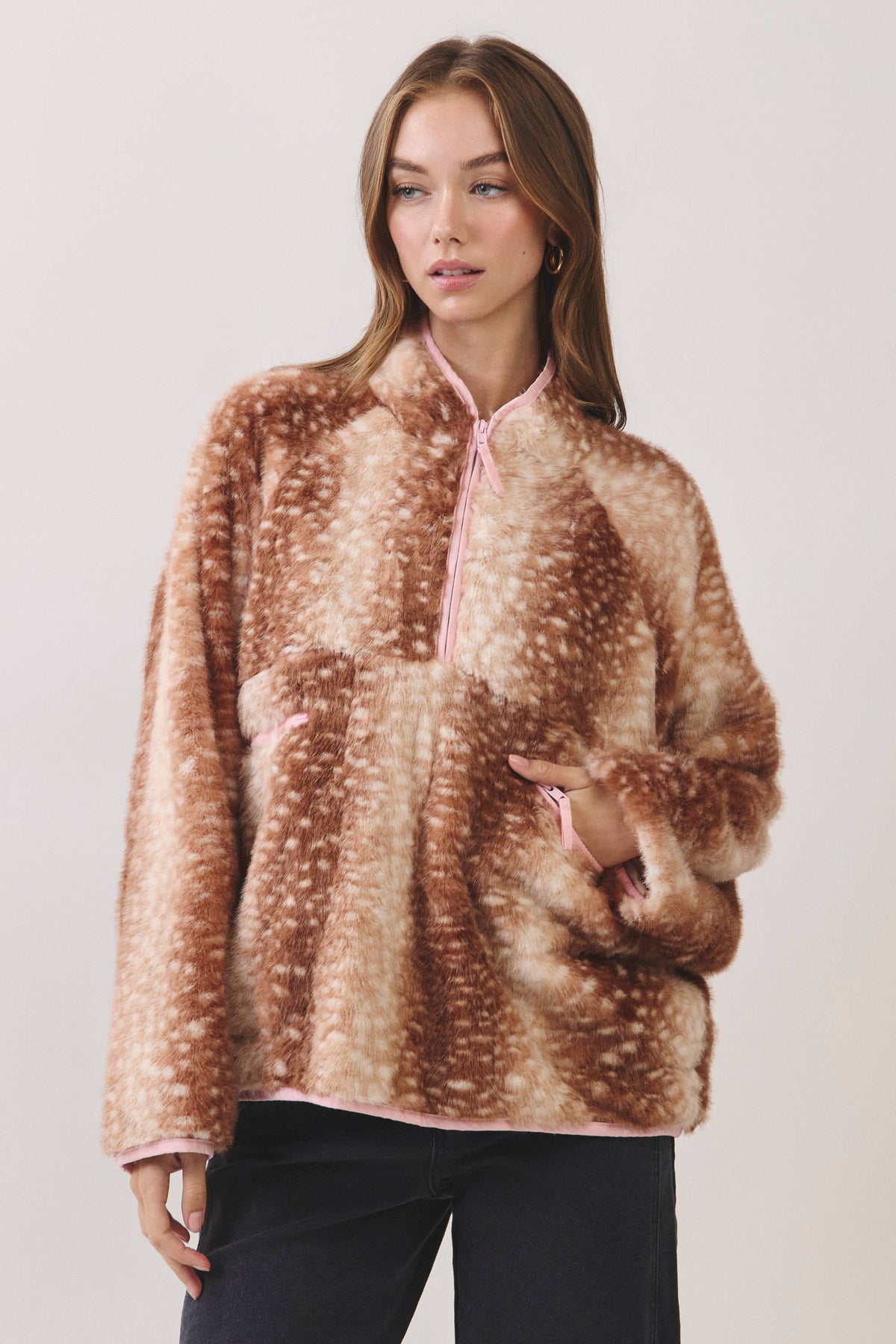 Deer Print Faux Fur Half-Zip Jacket