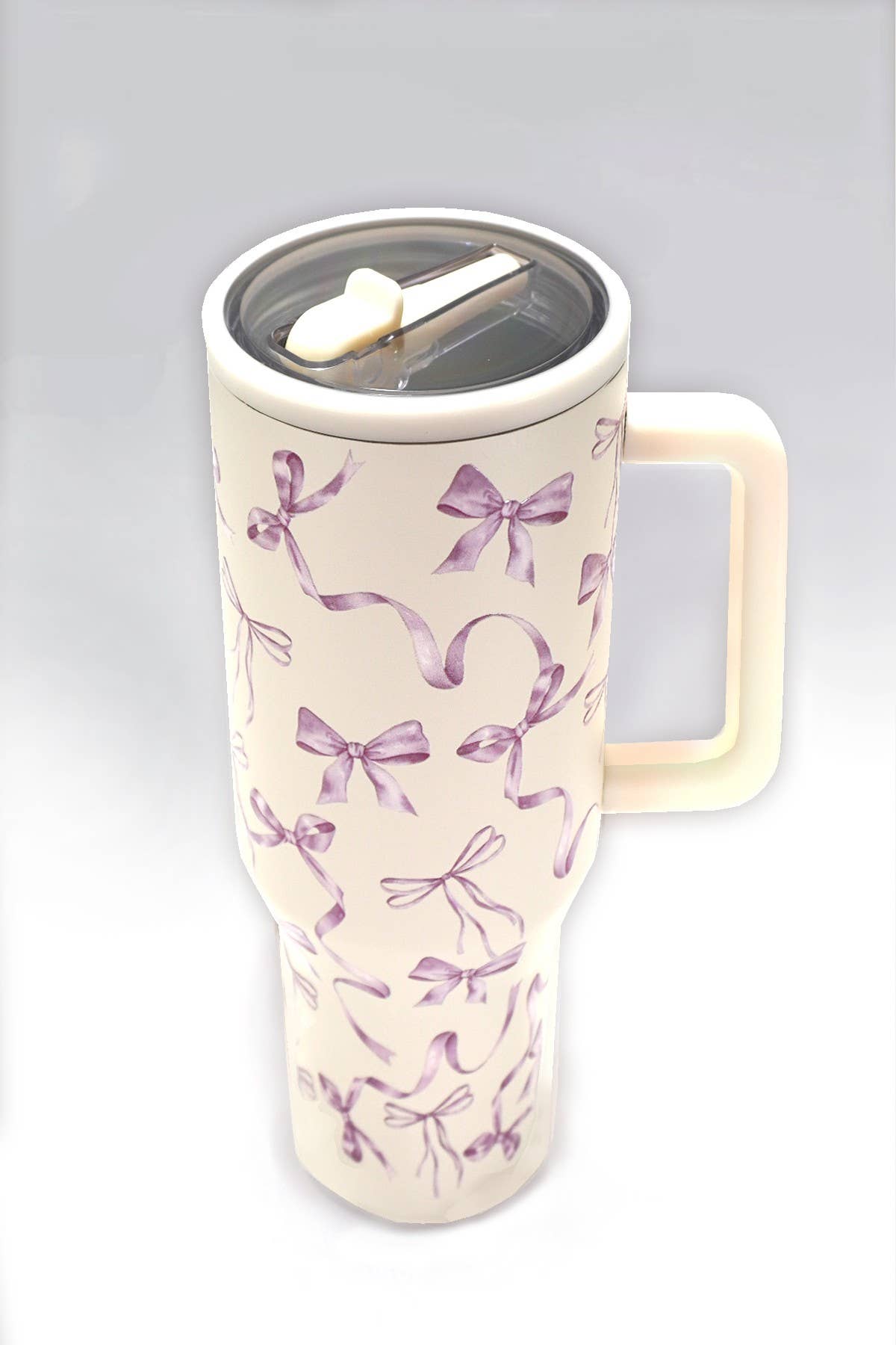 40oz Spill Free Vacuum Tumbler- Purple Bows Cream