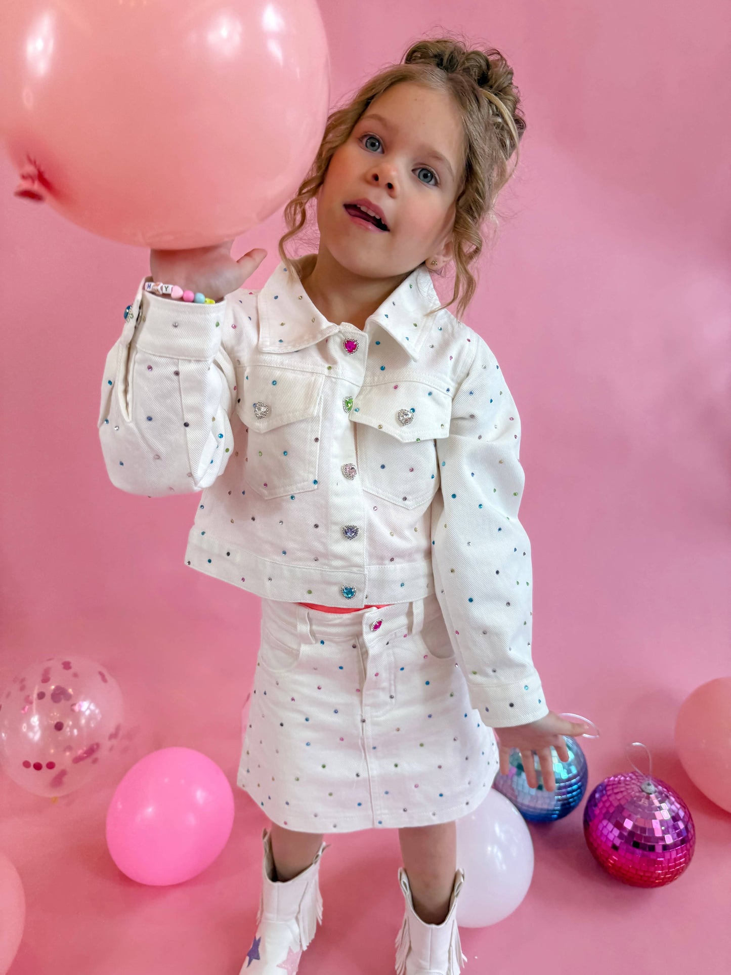 Girls White Denim Gem Set