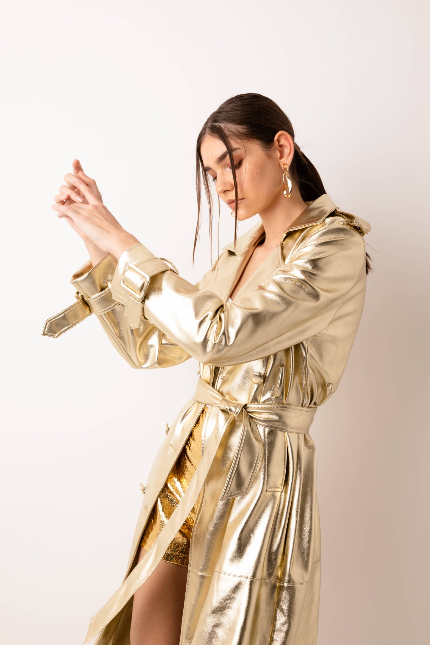 Lupe Faux Leather Gold Trench Coat- Gold