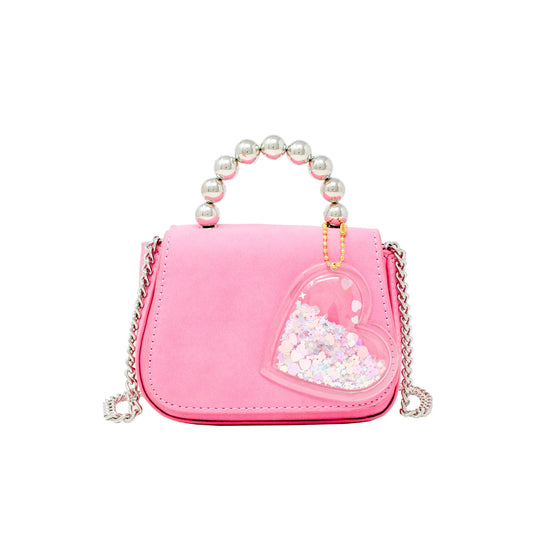 Girls Tiny Metal Pearl Handle Heart Bag: Pink