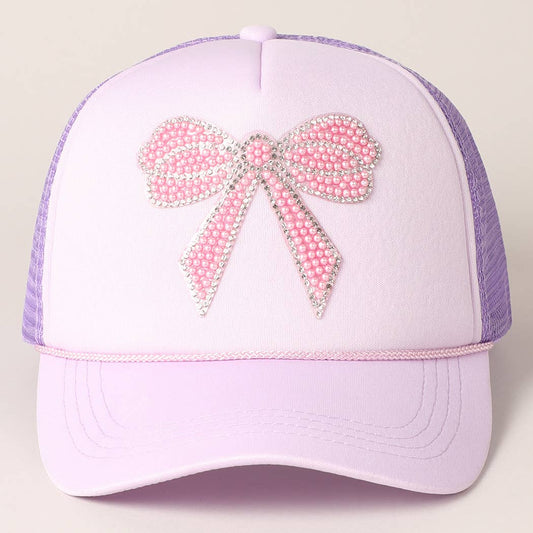 Rhinestone Bow Patch Trucker Hat: Lavender