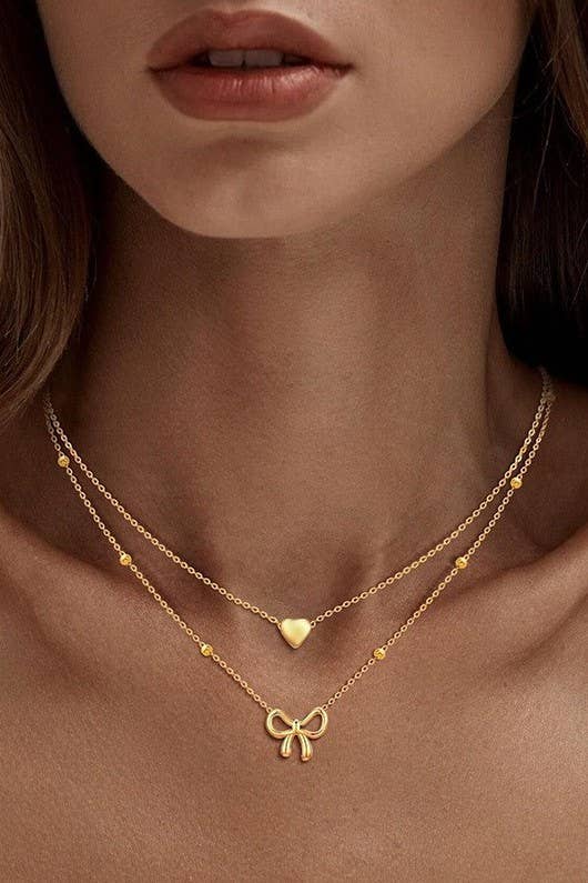Bow Heart Double Layer Necklace