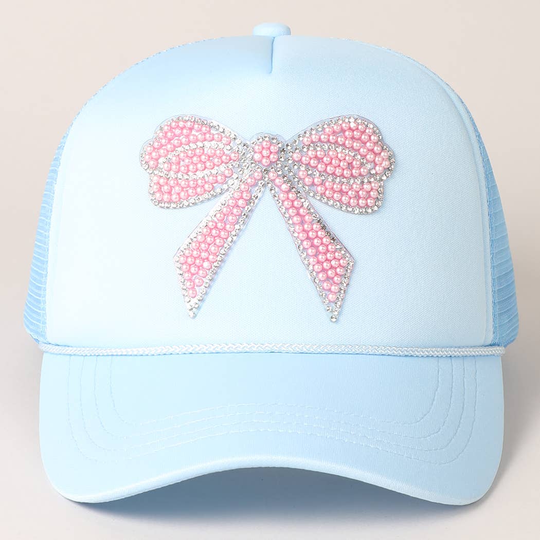 Rhinestone Bow Patch Trucker Hat: Blue