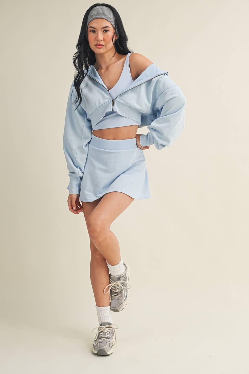 Mineral Wash Oversized Crop Hoodie- Blue