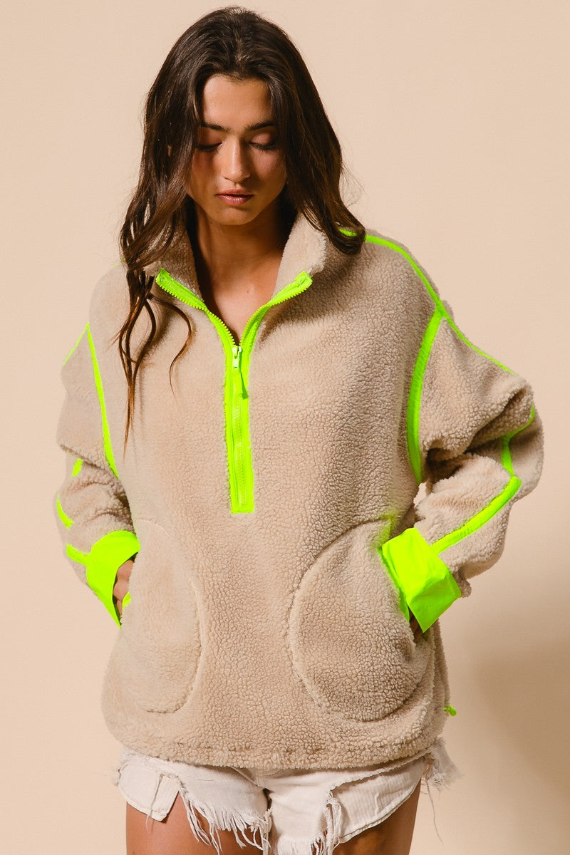 Livvy Sherpa Pullover- Oatmeal Lime