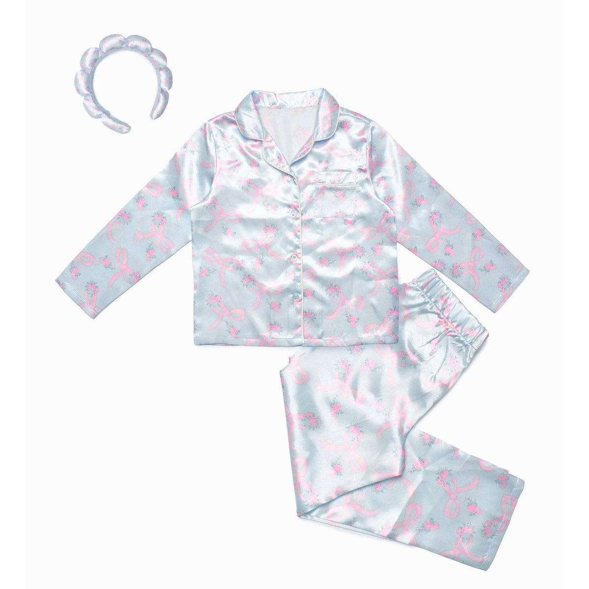 Girls- Floral Print Satin Pajama Set with Headband