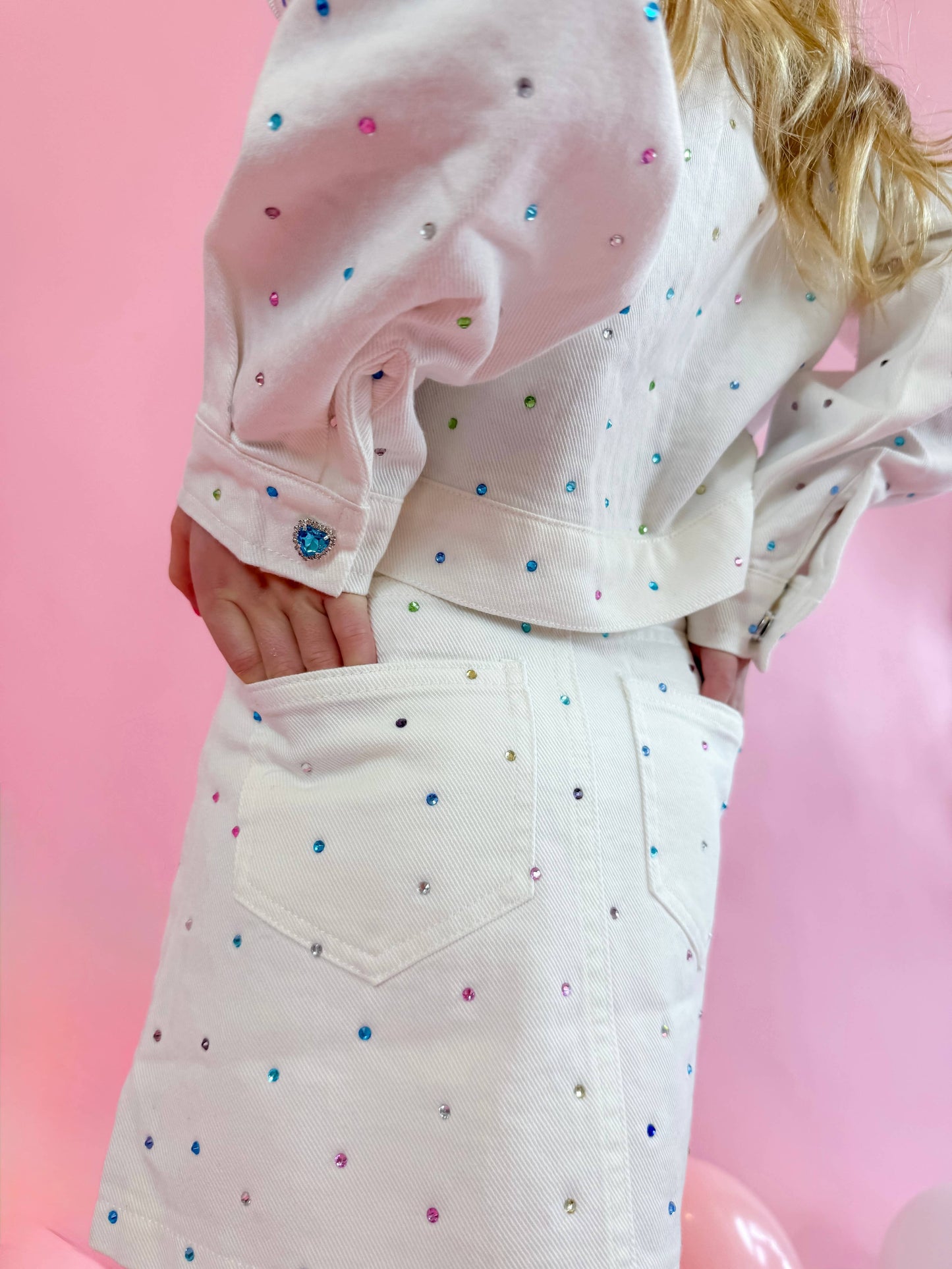 Girls White Denim Gem Set