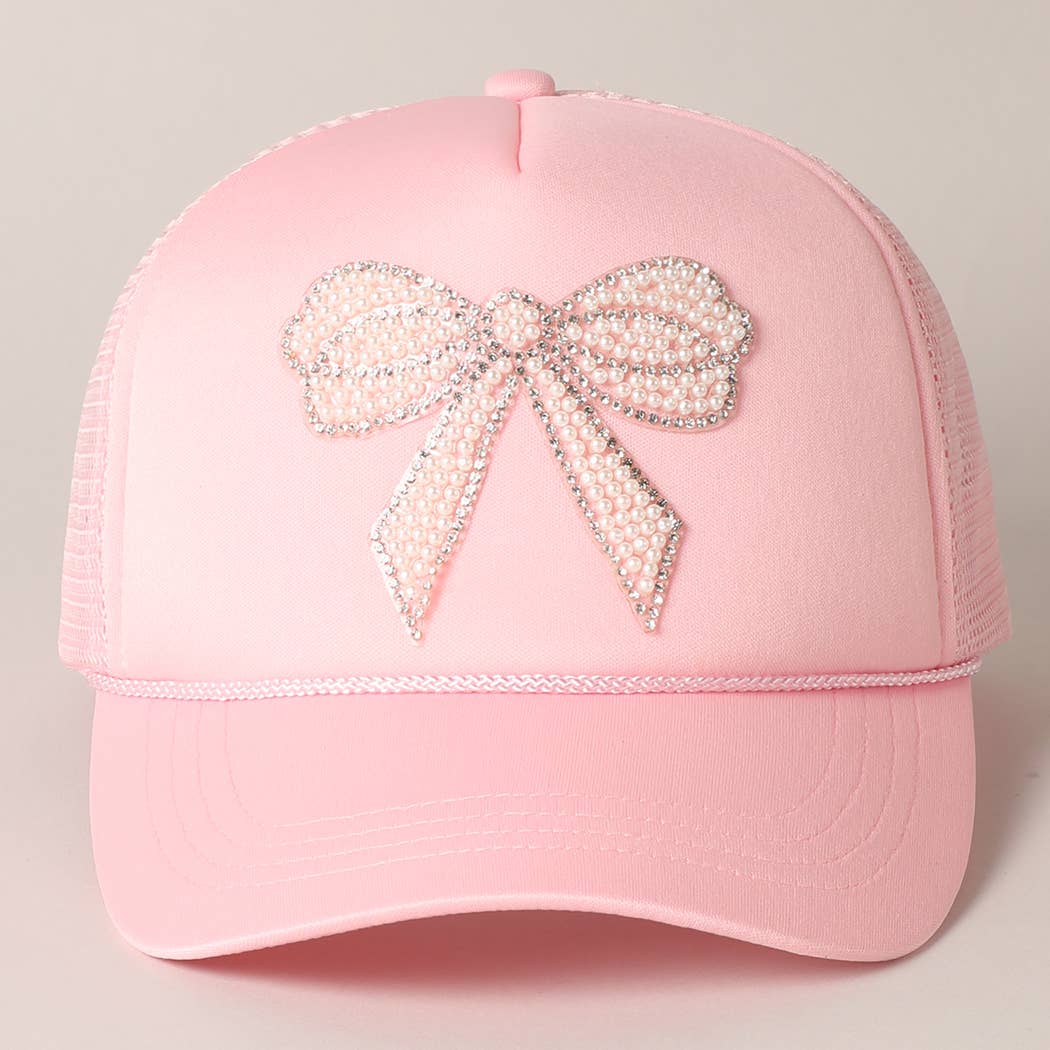 Rhinestone Bow Patch Trucker Hat: Blue