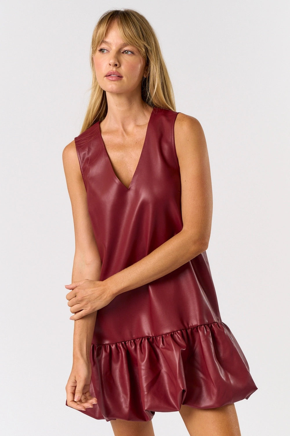 Tia Wine Leather Bubble Dress