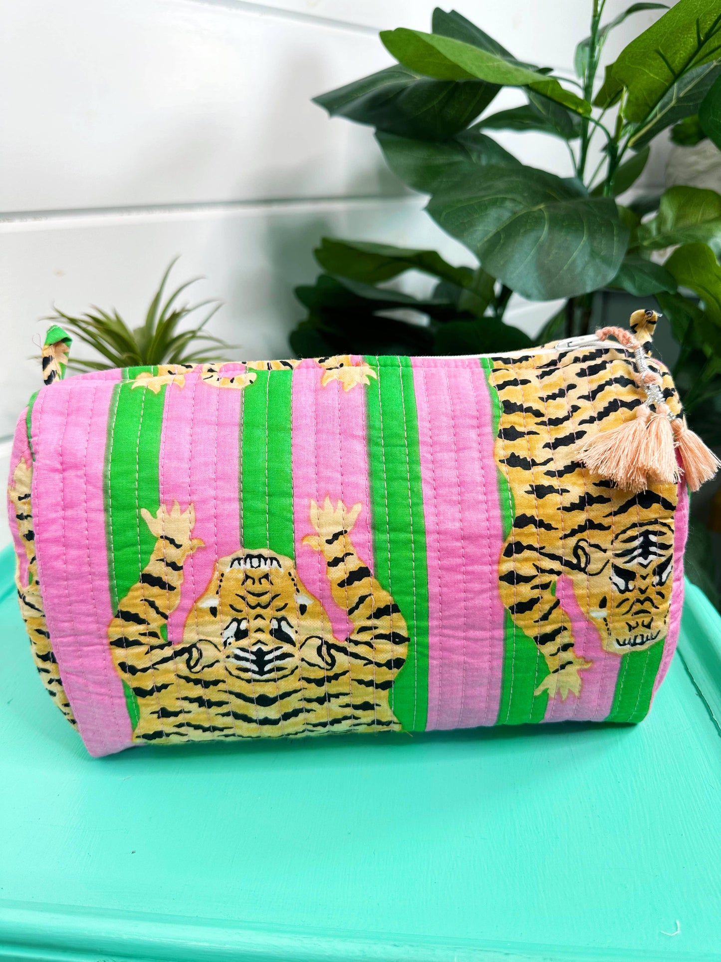 Quilted Makeup Bags- Green/Pink Tiger