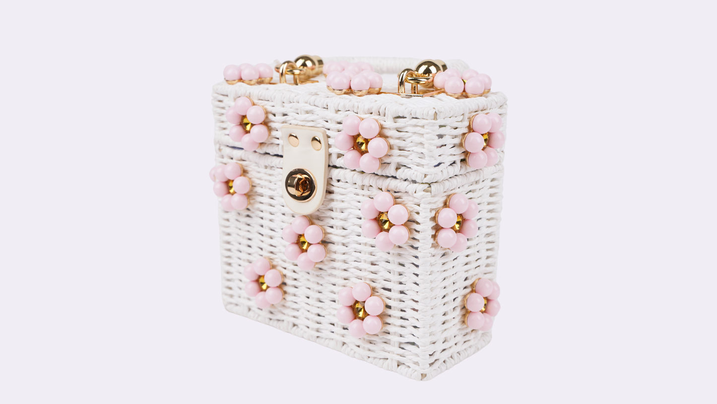 Wicker Bucket Daisy Flower Purse: White + Pink/Yellow Daisy