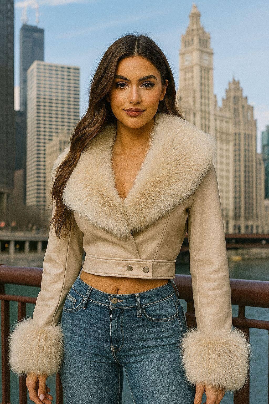 Opulent Trim Cropped Coat- Cream