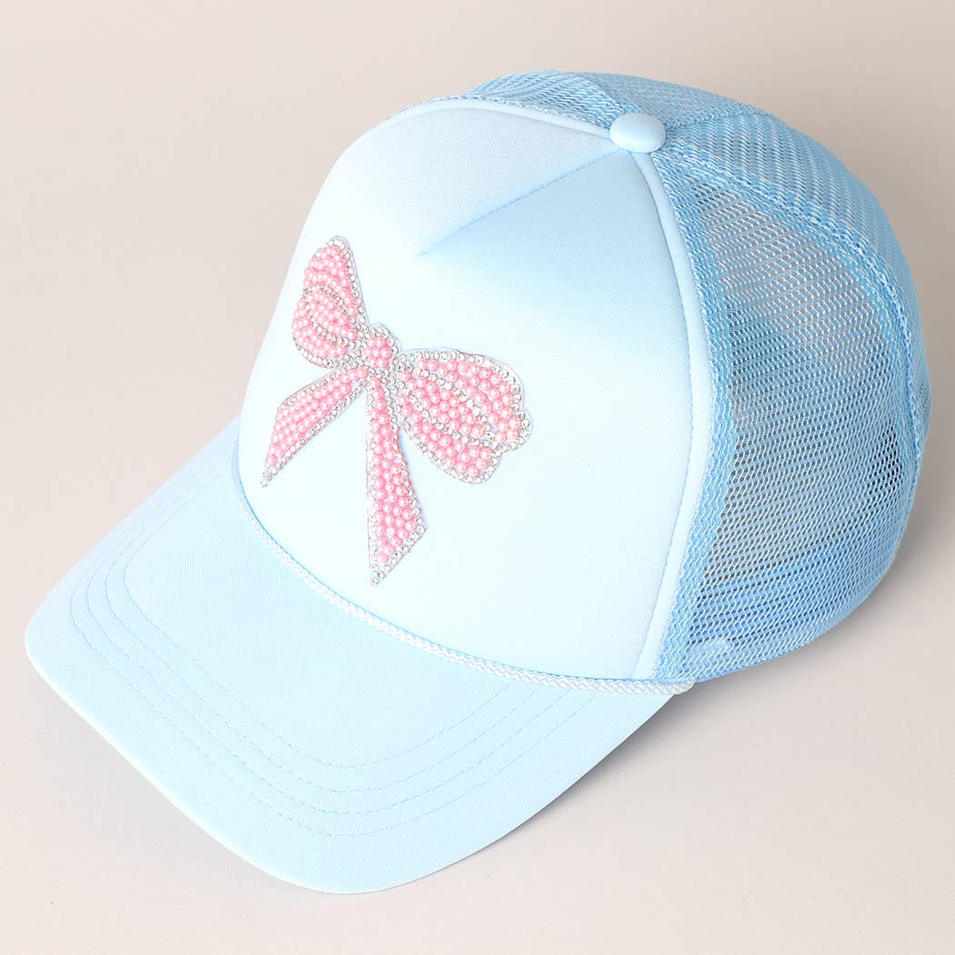 Rhinestone Bow Patch Trucker Hat: Blue