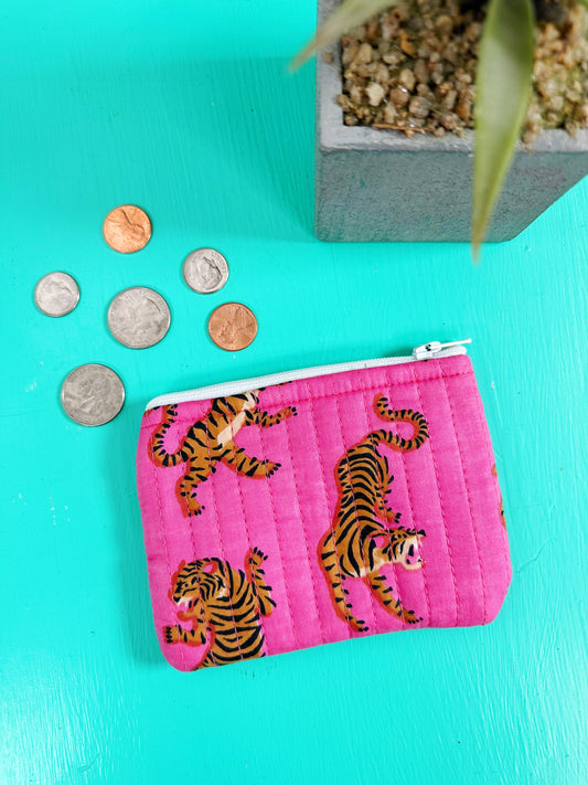 Quilted Coin Pouch - Bright Pink Tiger