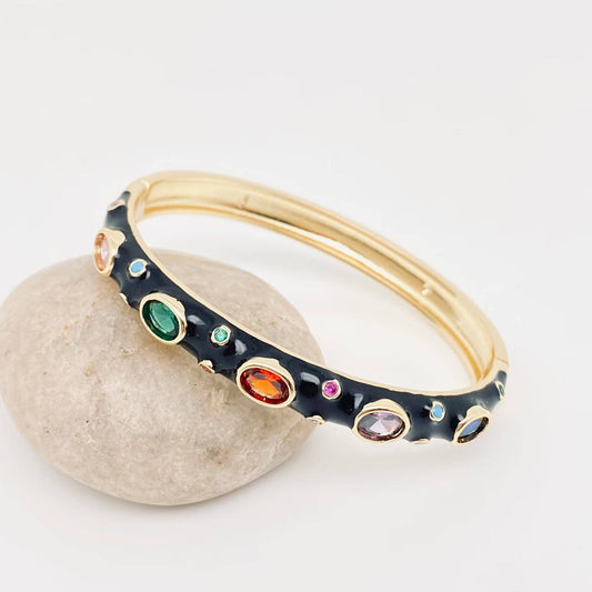 Felicia Gold Plated Enamel Bangle: Black