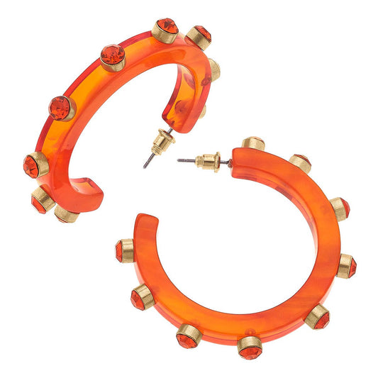 Renee Resin Rhinestone Hoop Earrings- Orange