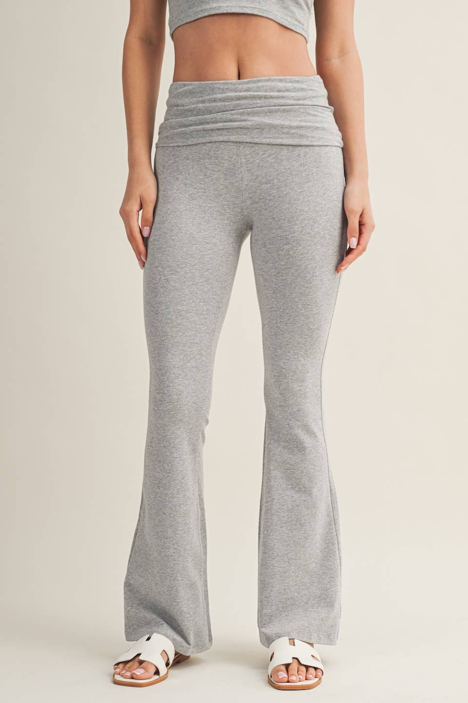Soft Knit Foldover Flare Pants: Heather Grey