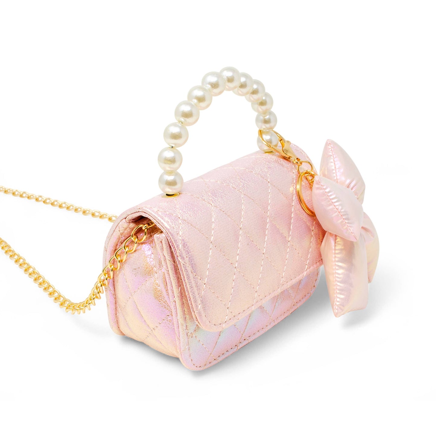 Girls Shiny Quilted Fluffy Bow Handbag: Pink