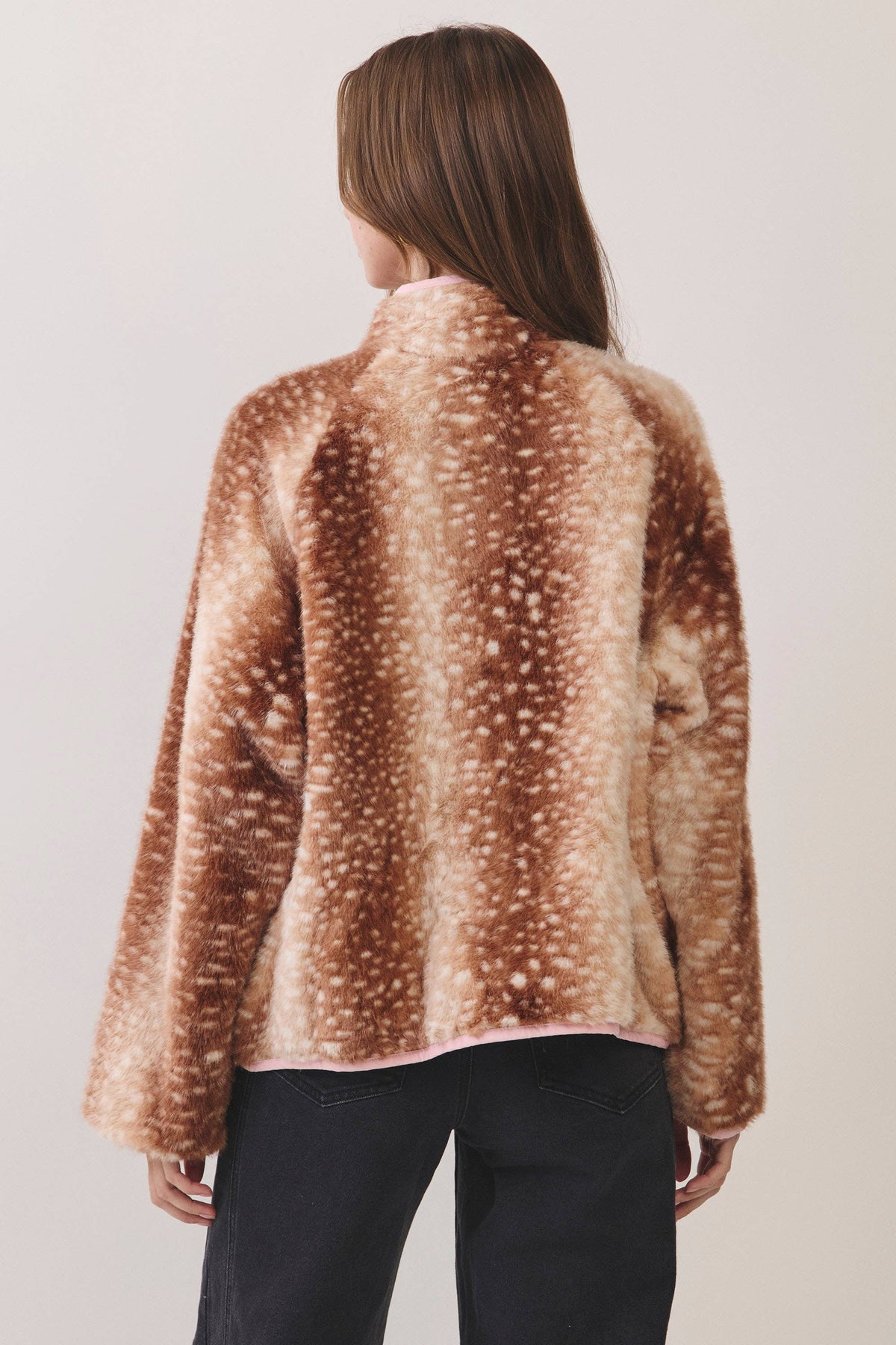 Deer Print Faux Fur Half-Zip Jacket