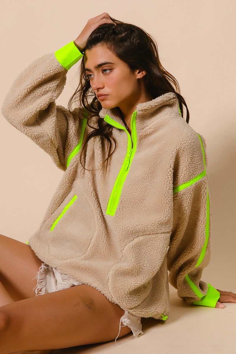 Livvy Sherpa Pullover- Oatmeal Lime