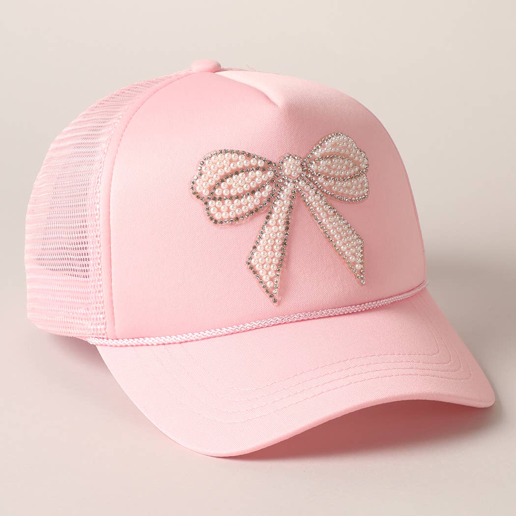 Rhinestone Bow Patch Trucker Hat: Hot Pink