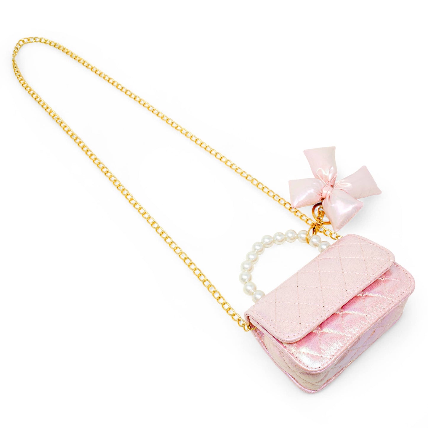 Girls Shiny Quilted Fluffy Bow Handbag: Pink