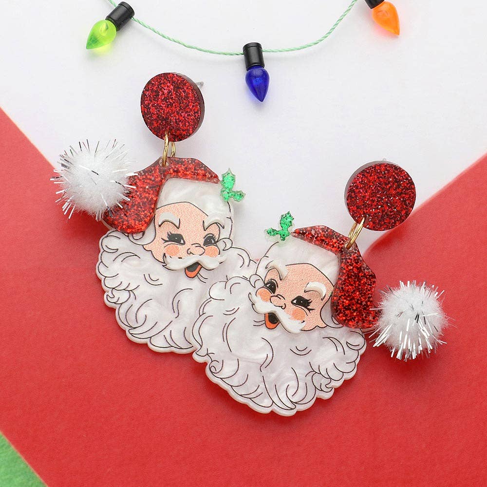 Glitter Resin Pom Santa Dangle Earrings: Red