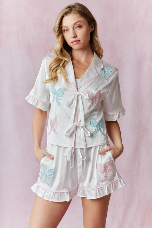 Dreamy Lace Bow Satin Pajamas