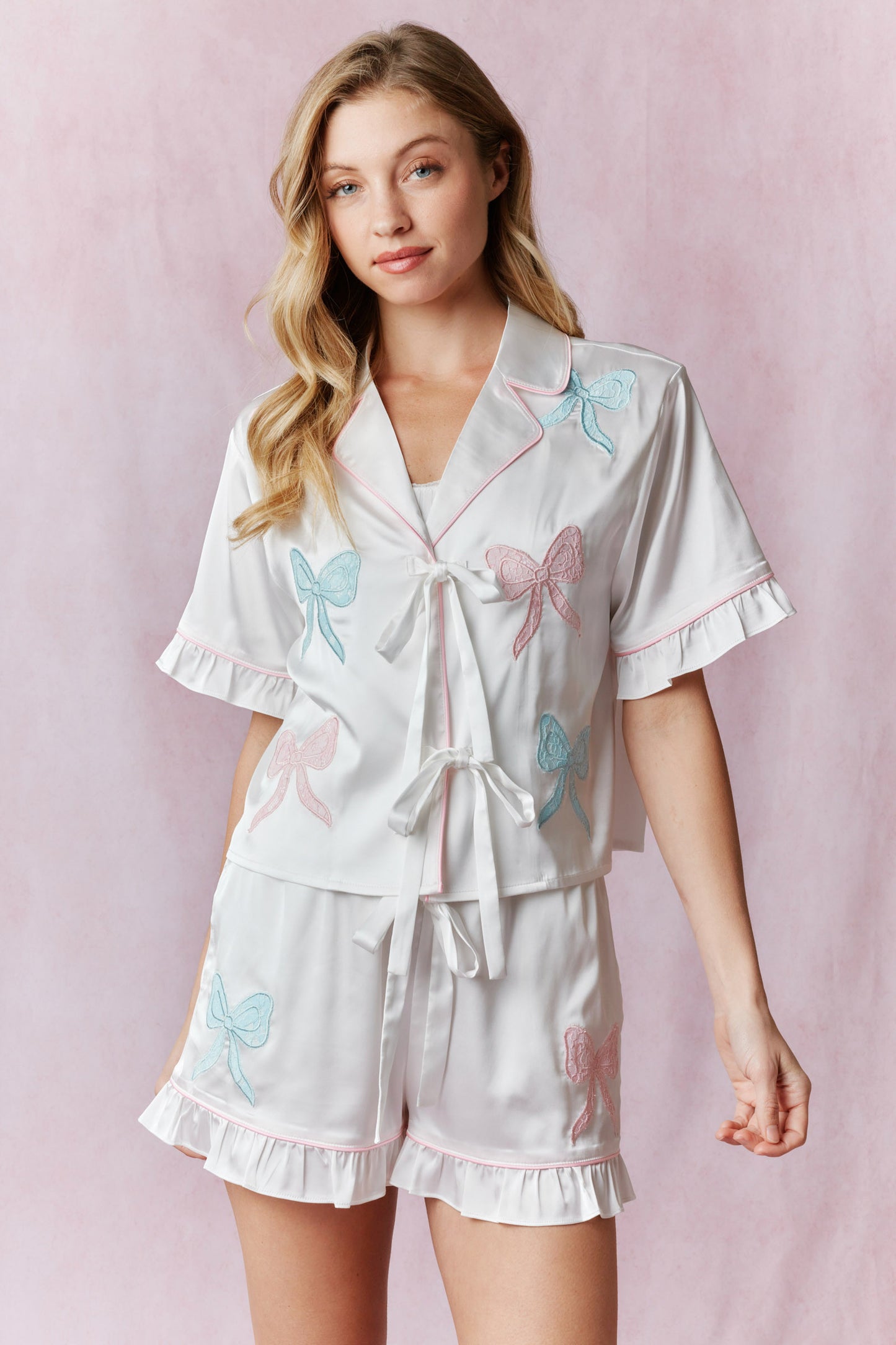 Dreamy Lace Bow Satin Pajamas