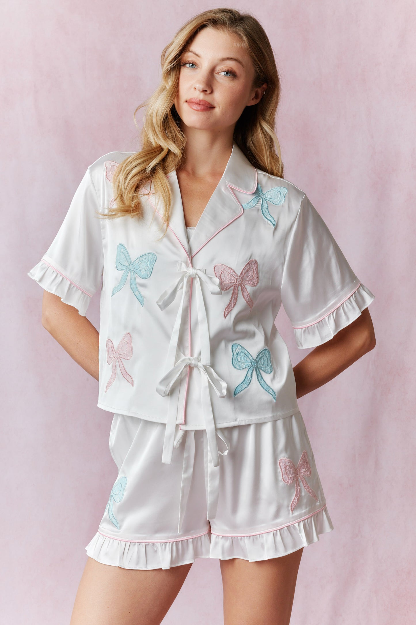 Dreamy Lace Bow Satin Pajamas