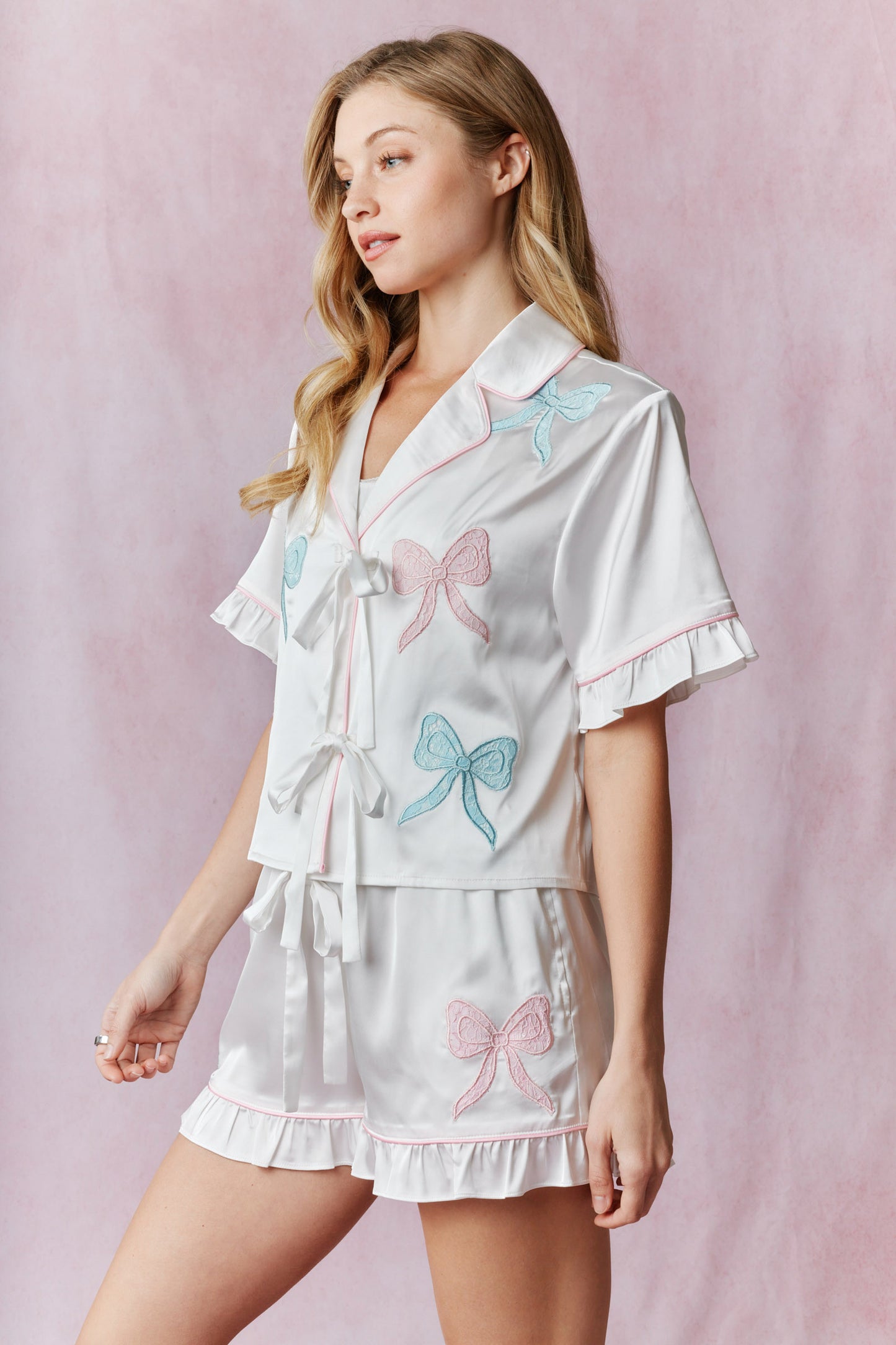Dreamy Lace Bow Satin Pajamas