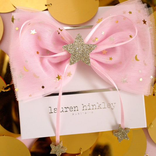 Reach for the Stars Pink Bow Hair Clip: White Signature Packaging