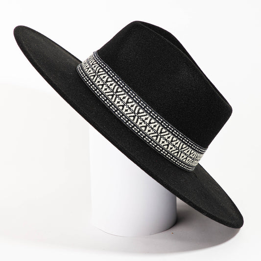 Black Flat Brim Boho Pattern Band Hat