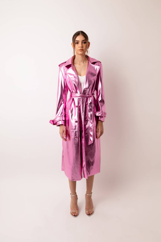 Lupe Faux Leather Metallic Trench Coat
