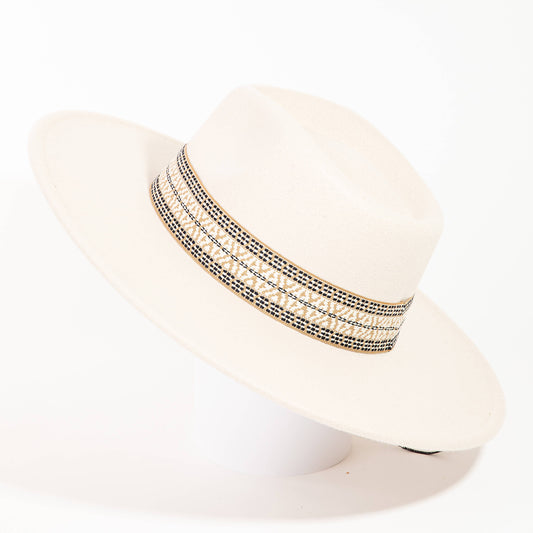 Cream Flat Brim Boho Pattern Band Hat