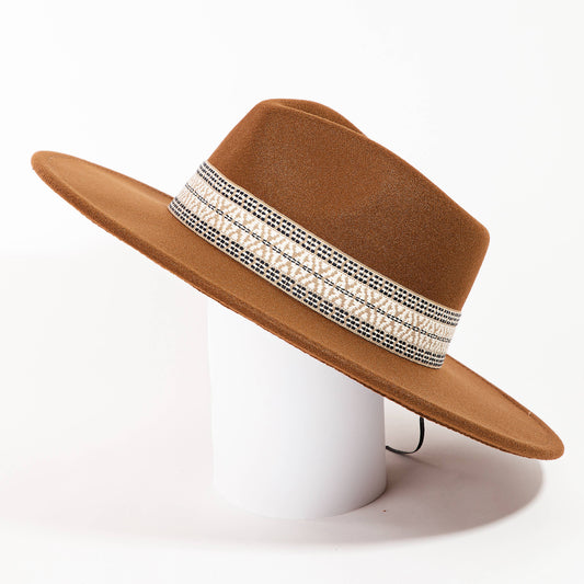 Cognac Flat Brim Boho Pattern Band Hat